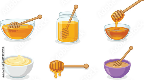 Honey Food Icon Set with Jar Bowl and Dipper Drizzle Designs for Organic Sweet Natural Product Cooking Nutrition and Healthy Lifestyle Vector Illustration