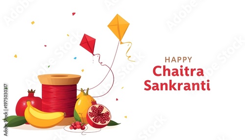 Happy Chaitra Sankranti greeting with flying kites red thread spool pomegranate and banana on white background