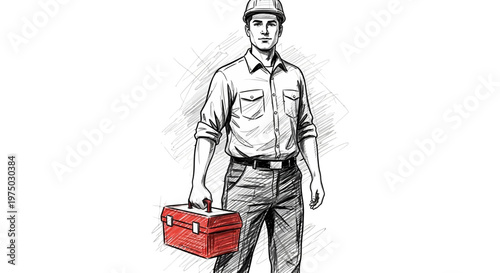 Construction Worker Holding Red Toolbox, Sketch Style
