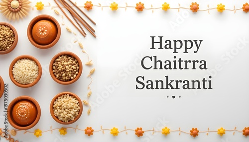 Happy Chaitrra Sankranti greeting background with traditional clay bowls filled with various grains and floral decorations on white