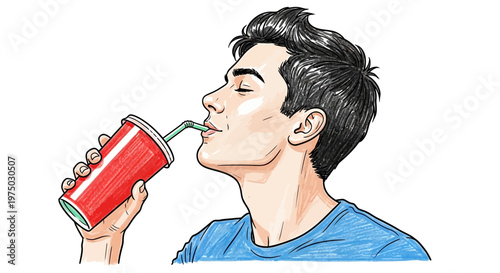 Man drinking soda from a red cup with a straw, eyes closed in enjoyment.