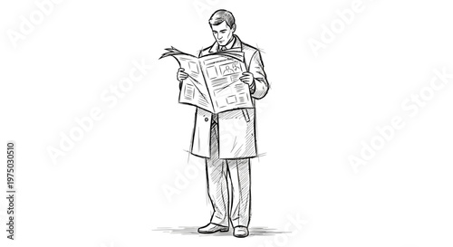 Man in Trench Coat Reading Newspaper Sketch