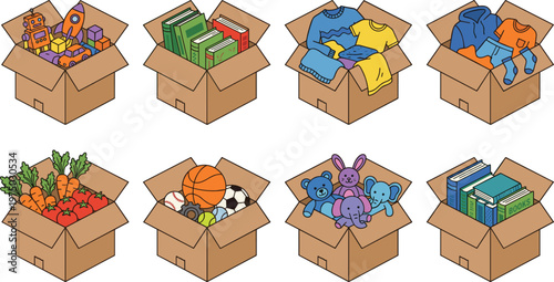 Donation Box Icon Set with Clothes Books Toys Food and Household Items for Charity Donation Volunteer Support and Community Help Vector Illustration