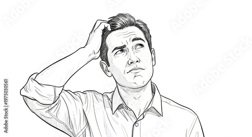 Man scratching head in confusion, thinking, questioning, doubt, problem solving, brainstorming