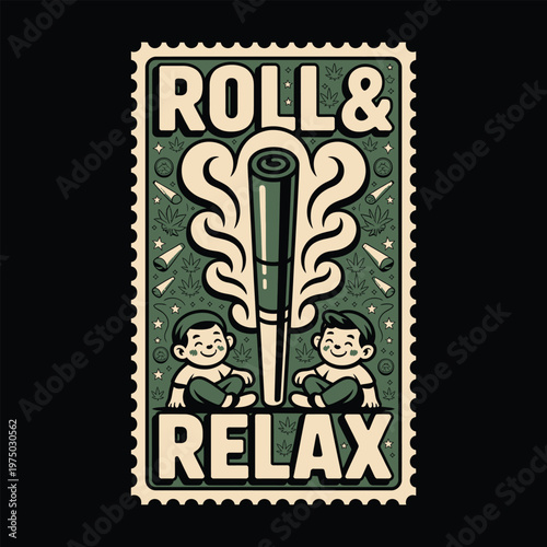 Vintage style stamp design 'roll relax' with cartoon imagery t shirt design