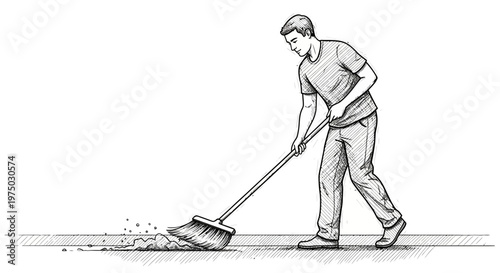 Man sweeping debris from sidewalk with broom