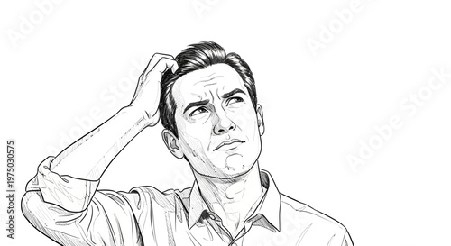 Man scratching head in confusion, thinking, questioning, doubt, uncertainty, indecision, problem-solving