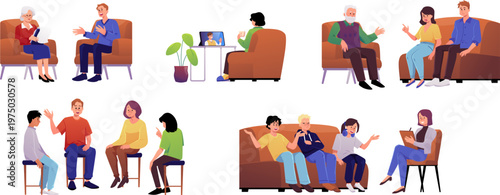 Support group, Online therapy, counseling, family therapy with psychologist vector flat illustration isolated on white