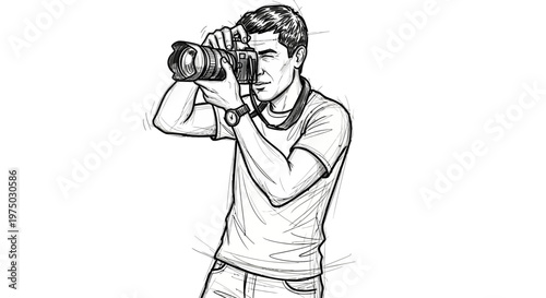 Man taking photo with DSLR camera, sketch style