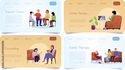 Support group, Online therapy, counseling, family therapy with psychologist service landing page designs vector set