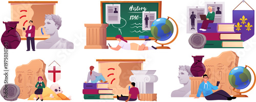 History classroom interior vector compositions set, cartoon teacher and students, historic map, antique vase sculpture