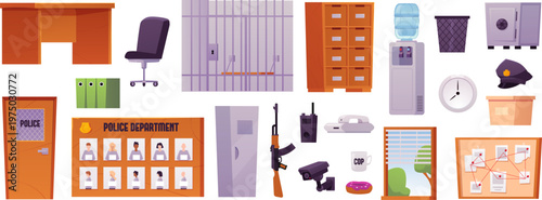 A set of interior items, accessories, and equipment for a police station.