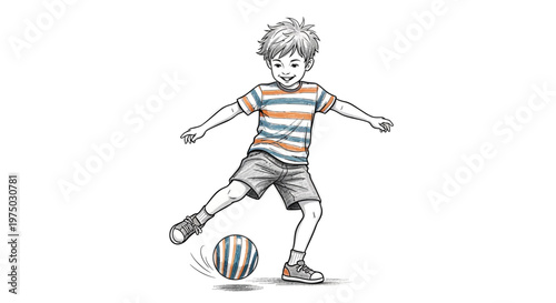Young boy kicking a striped soccer ball, black and white sketch with color accents