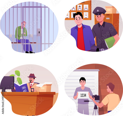 A set of round frames depicting a police station workspace with characters.