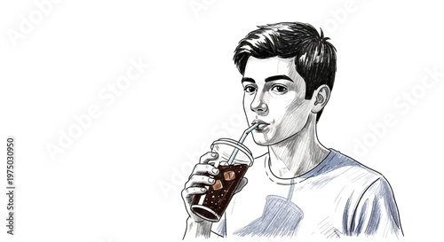 Young man drinking iced coffee from a disposable cup with straw