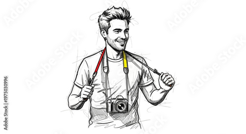 Young Man Photographer with Camera Around Neck, Sketch Style