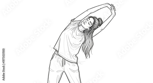 Young woman stretching arms overhead, healthy lifestyle, fitness, yoga pose, sketch drawing