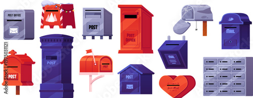 A set of vintage mailboxes of various shapes and colors, for outdoor, indoor, and pole-mounted use.