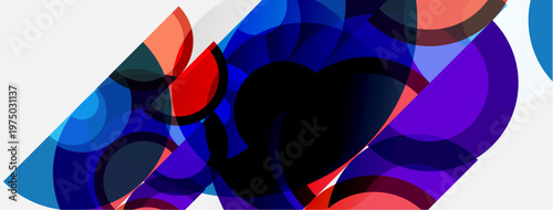 Abstract composition. Overlapping circles create heart shape, vibrant blues, reds, purples dominate design. Modern, dynamic visual.