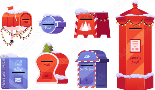 Santa mail red postboxes flat vector icons set, postal box for sending and receiving Christmas mail letters postcards