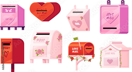 Love mail boxes with heart, roses vector set, pink and red postbox for sending or receiving romantic Valentines letters