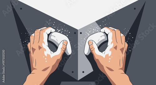 Hands Gripping Climbing Holds with Chalk Dust Ascending Vertical Wall