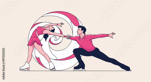Graceful Ice Skating Duo Performing On A Whirling Swirl Background