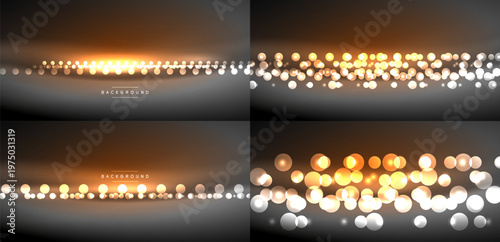 Four abstract backgrounds feature blurred lights. Warm orange tones dominate, creating festive, glowing effects. Subtle gradients enhance depth.