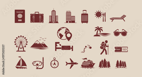Tourism and Travel Vector Icon Collection with Flight Hotel Adventure and Beach Vacation Elements