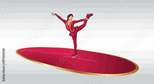 Graceful Ice Skating Performance On A Red Oval Stage With Gold Trim