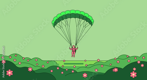 Graceful Parachutist Descends Above a Blooming Landscape