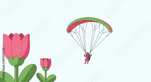 Graceful Paraglider Descends Amidst Blooming Pink Flowers Serene Aerial Adventure