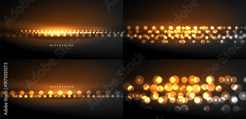Four dark backgrounds feature golden bokeh effects. Lights create soft glow, warm ambiance. Minimalist design, elegant presentation.