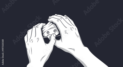 Hands Manipulating A Compact Object With Two Eyes Minimalist Art
