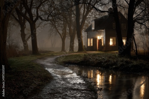 Dark Night Scene with House by Water