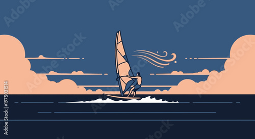 Graceful Windsurfing Against a Vibrant Sunset Sky