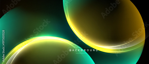 Abstract design features flowing curves, vibrant green, gold hues. Dark background emphasizes luminosity, modern aesthetic.