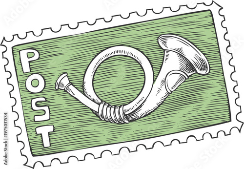 Vintage green postage stamp with a traditional post horn and the inscription "POST"