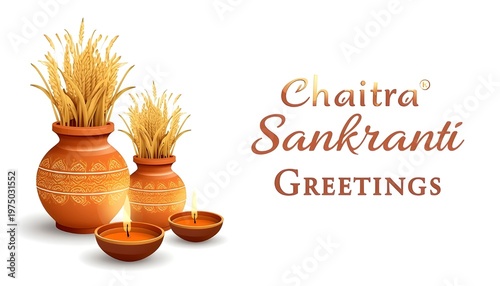 Chaitra Sankranti greetings with traditional clay pots wheat stalks and lit oil lamps on isolated white background