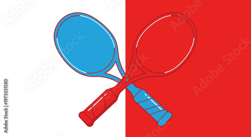 Graphic Representation Of Two Crossed Tennis Rackets On A Split Red And White Background