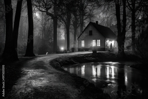 Dark Night Scene with House by Water
