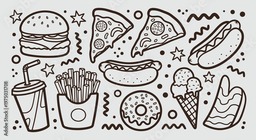 Hand drawn fast food doodle set featuring burger pizza hot dog donut and fries in minimalist line art style