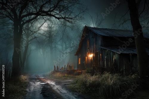 Dark night scene with trees and a house.
