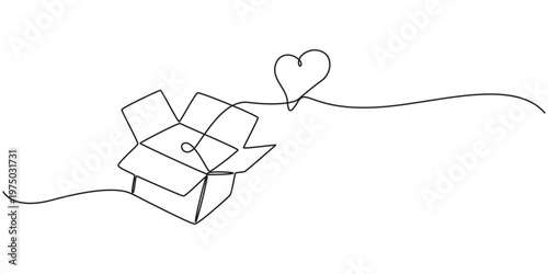continuous One line drawing of donate box with heart. Concept of help support and volunteer activity in simple linear style, One continuous line drawing of donate box with heart. Minimalist concept.