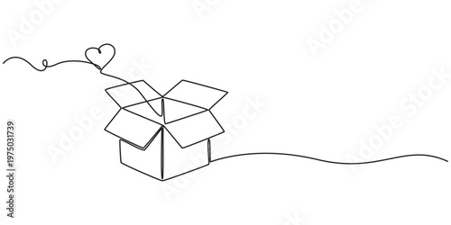 continuous One line drawing of donate box with heart. Concept of help support and volunteer activity in simple linear style, One continuous line drawing of donate box with heart. Minimalist concept.