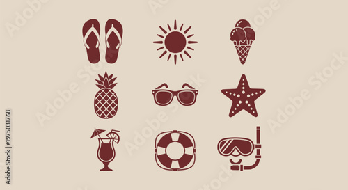 Vector set of summer vacation beach icons including pineapple sun sunglasses starfish and cocktails