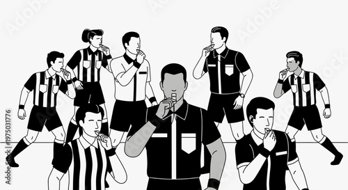 Group Of Referees Blowing Whistles In A Synchronized Manner