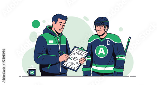 Hockey Coach Discussing Strategy With Player On Ice