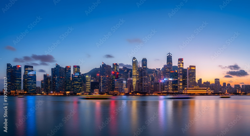 Obraz premium Panoramic view of a modern city skyline at dusk with glowing skyscrapers reflected in the water