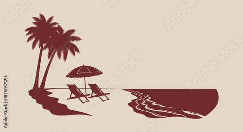 Minimalist Tropical Beach Illustration with Palm Trees Umbrella and Deck Chairs for Summer Vacation